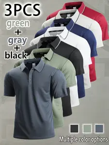 3-Pack Men’s Polo Collar Short Sleeve Shirts, Stylish Minimalist Design, Solid Color, Sporty Casual, Suitable for Business Travel and Everyday Wear