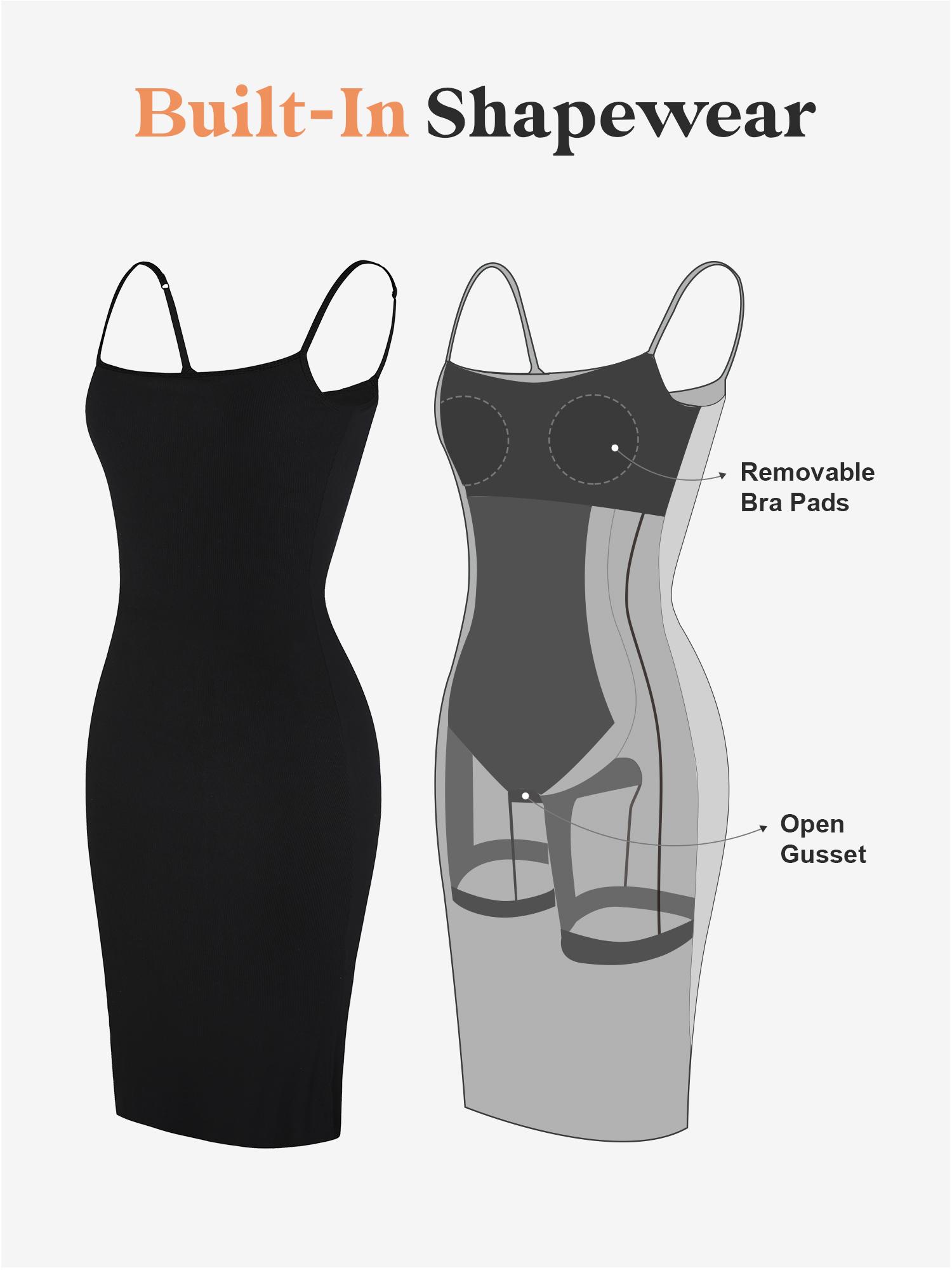 Popilush Slip Midi Dress Built-In Shapewear Spaghetti Straps Tummy Control Bodycon Sexy Casual Fabric