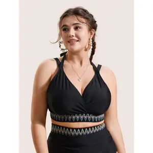【Tummy Control】BLOOMCHIC Plus Size Embroidered Wrap Tie Knot Swim Top [M-6X] 2026 Summer Vibes
