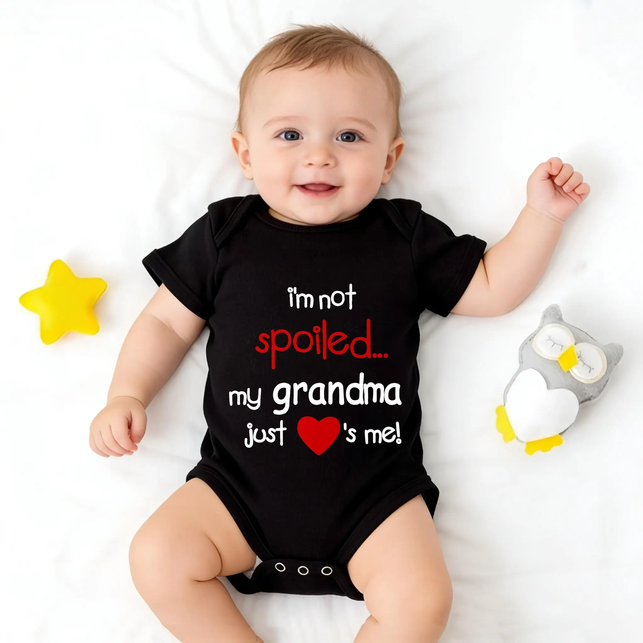 I'm Not Spoiled My Grandma Just Loves Me Funny Baby Bodysuit | Cute Grandparent Themed Infant One-piece | Trendy Newborn Outfit for Family Photo Props | Grandparent Themed Infant Outfit