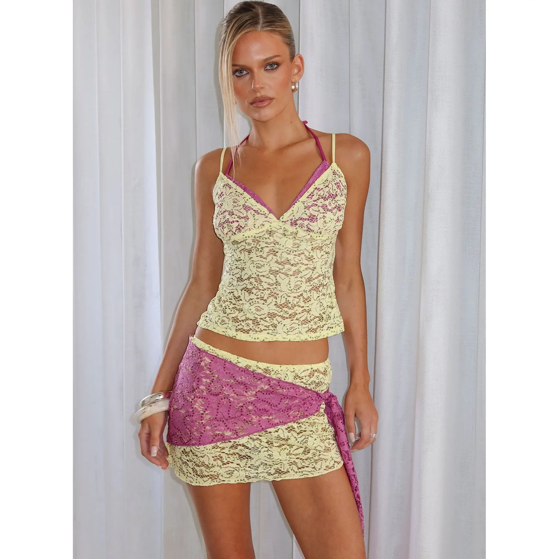 Sirna Lace Wrap Contrast Mini Skirt Lime / Pink
