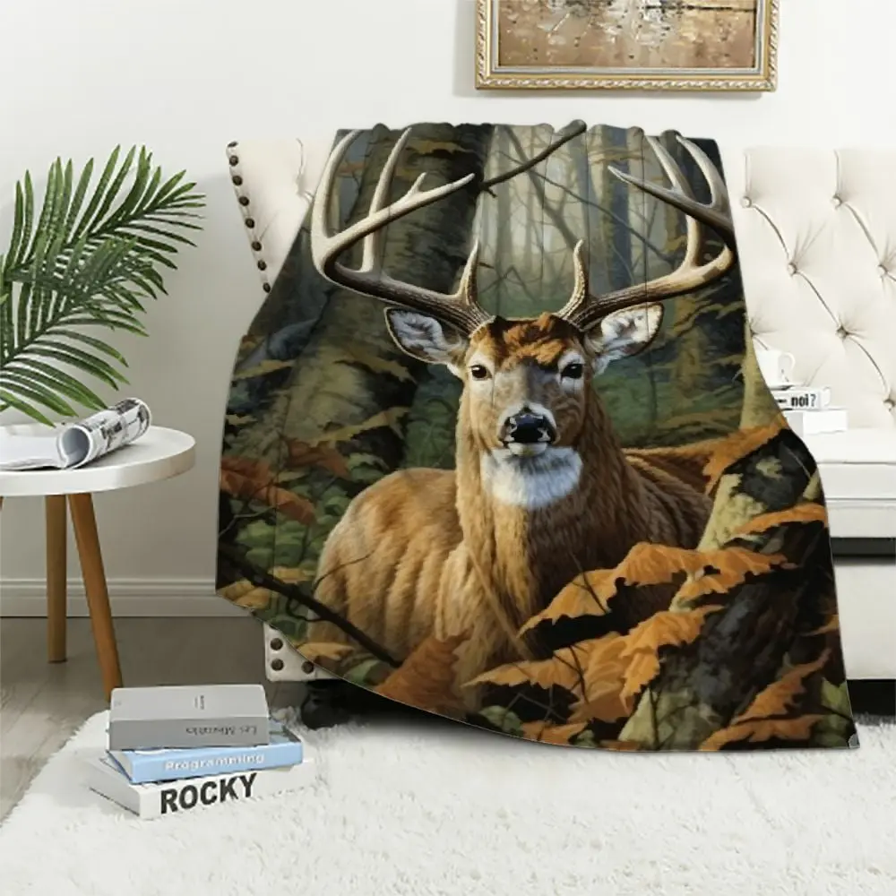Camo Buck Deer Fleece Blanket for Bed,Queen Size Woodland Fleece Throw Blanket for Men, Women and Kids - Super Soft Plush Deer Blanket Throw, Queen size blanketFather's Day Thanksgiving Halloween Valentine's Day Holiday Gifts