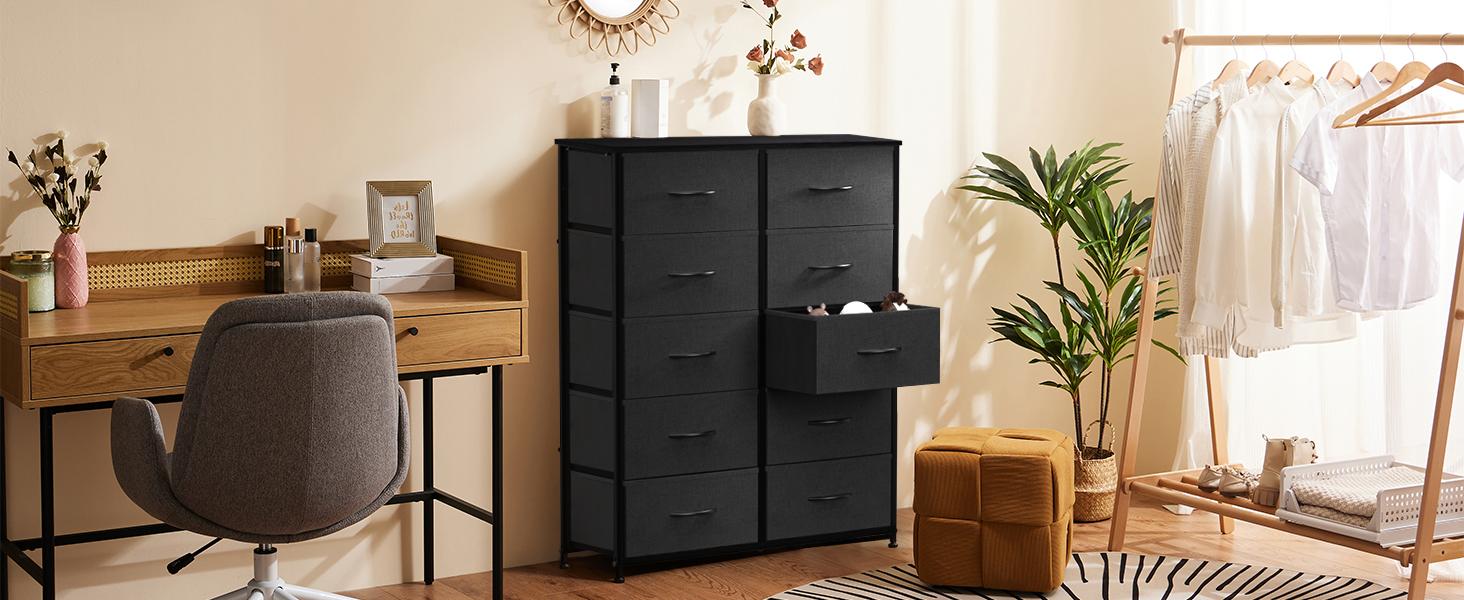 Tall Drawer Organizer Storage Drawers Fabric Storage Tower with 10 Drawers, with Fabric Bin, Wood Top for Bedroom, Closet