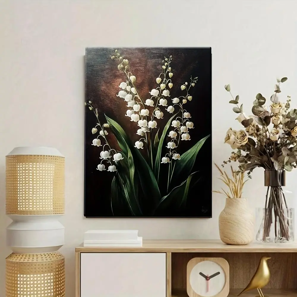 1 Item A Painting of Lily of The Valley Flowers Canvas Poster with Wooden Frame - Modern Art Deco Style Wall Decor, Waterproof, Easy to Hang, Suitable for Living Room, Bedroom, Home Office - Unique Gift Idea	