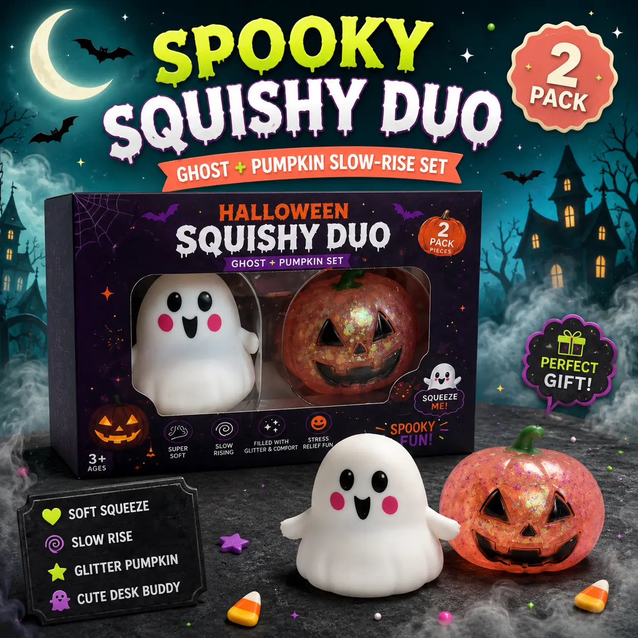 Halloween Ghost Dumpling Glitter Squishy Toy Set - Soft Slow Rising Stress Relief Squeeze Fidget Toy, Cute Spooky Sensory Toy for Halloween Gifts & Party Favors