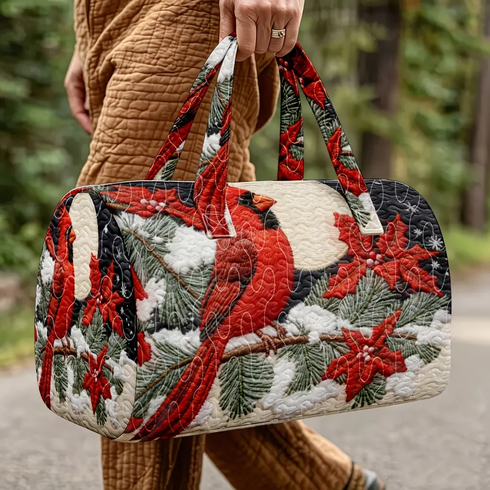 1pc Red Finch Pine Branch Poinsettia Snowflake Pattern Quilted Boston Tote Bag Winter Holiday Style Suitable for Women Who Love Seasonal Nature Art Large Capacity Overnight Weekend Travel Halloween Thanksgiving Christmas Gift Random Print
