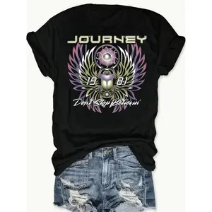 Women'S Retro Rock Band Graphic T-Shirt - "Journey: Never Stop Believin'" Print, Short Sleeve, Crew Neck, Casual Spring/Summer Top, Casual Wear |       Band Design Tee |       Graphic Print Te