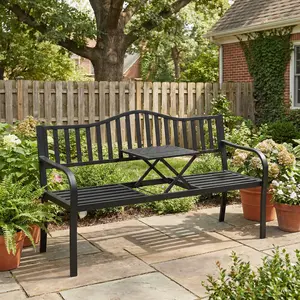 Spaco Patio Garden Bench with Steel Frame and Adjustable Center Table Outdoor Seating for Yard and Porch