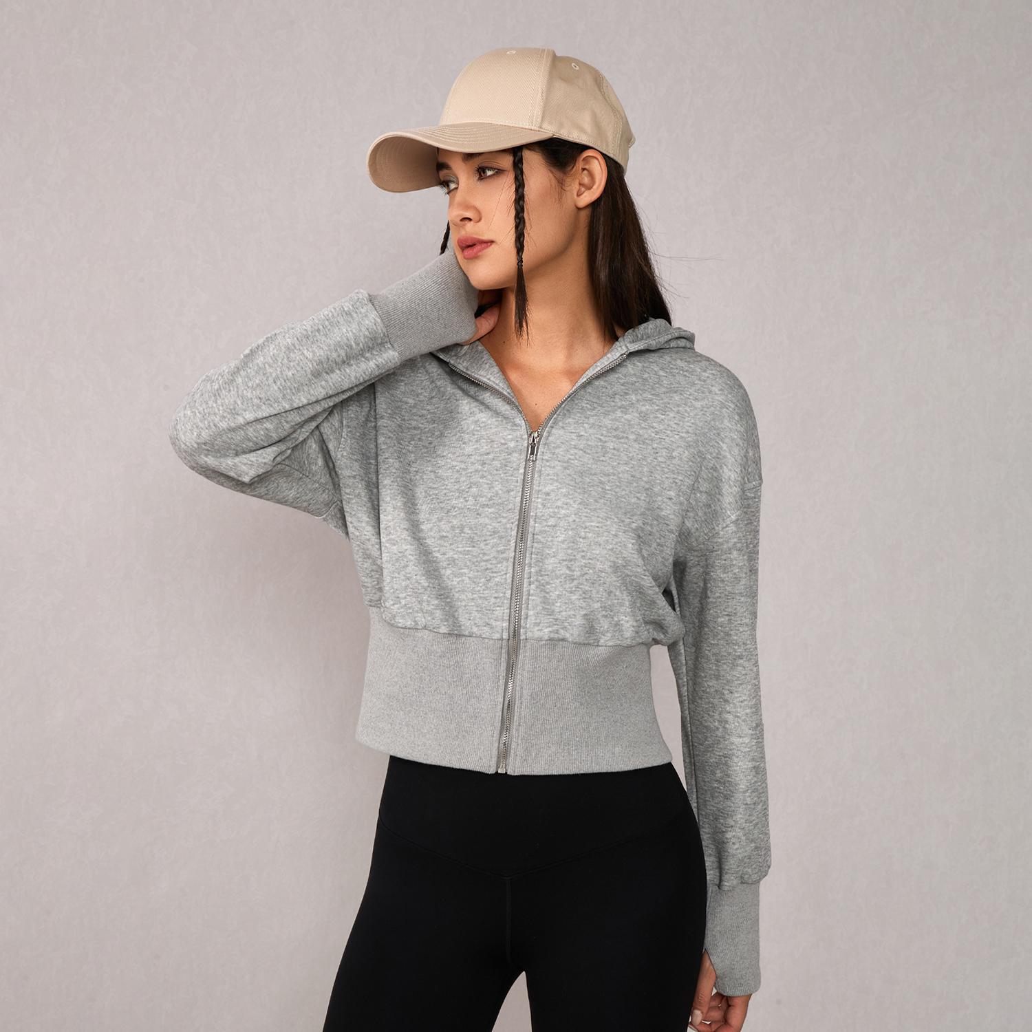 TIMEOFF Women's Cropped Hooded Zip-Up Long Sleeve Gym Jacket - Cozy Fitness Outerwear, Sportswear for Casual Daily Use, Athletic Zip-Up Jackets