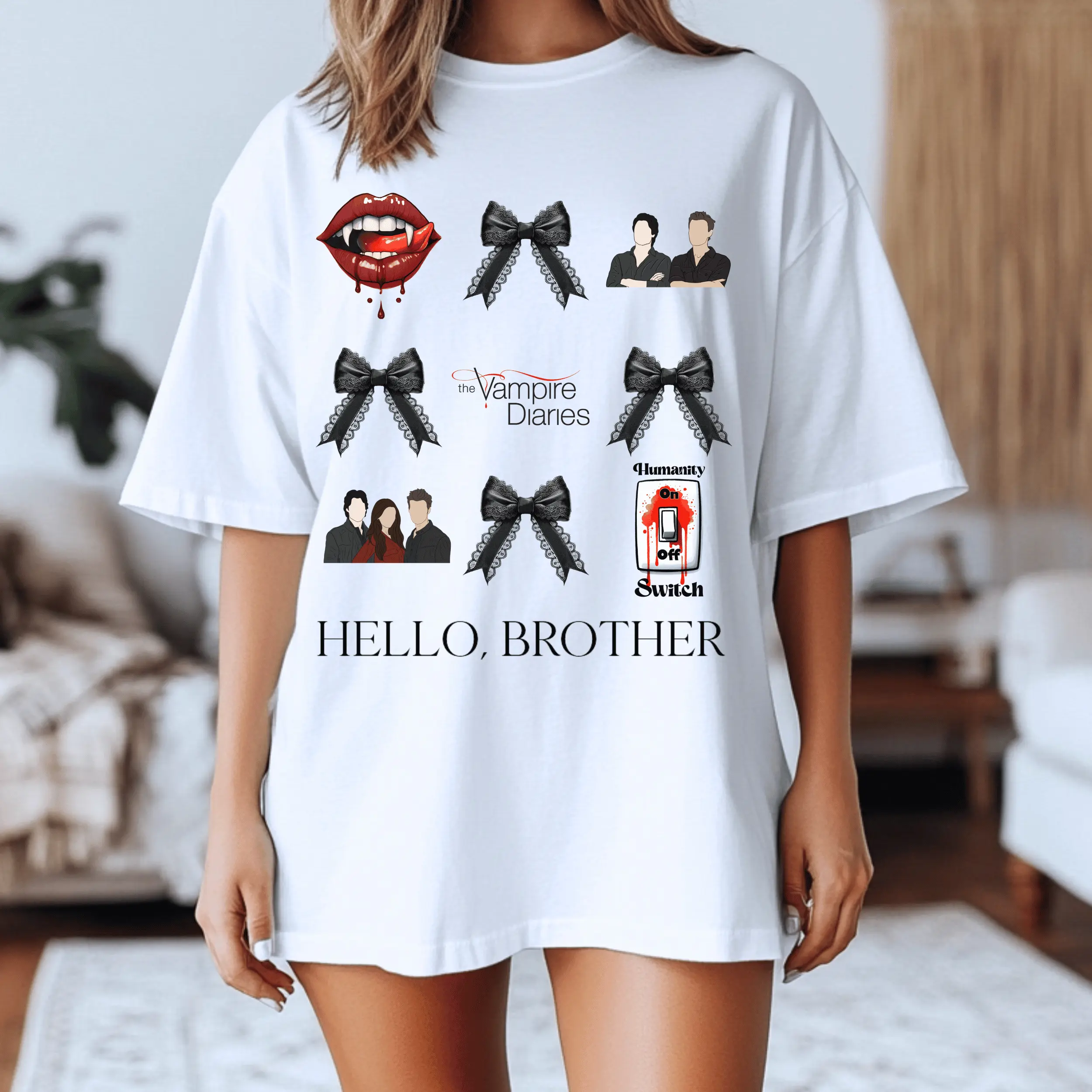Vampire Diaries Short Sleeve Tee, TVD Shirt, Hello Brother, TVD Gift, Vampire Diaries Shirt, Black Coquette Bows, Salvatore Brothers, Vampire Diaries Gift, TVD Merch, Damon Salvatore, Stefan Salvatore, Elena