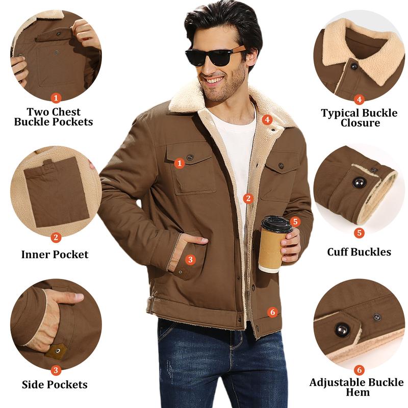 Men's Winter Jacket Sherpa Lined Jacket Warm Trucker Coat Multi Pocket Casual Collared Menswear Tops Cotton Fleece Long Sleeve FallFreshness Khaki Beige Jacket Outdoorfun
