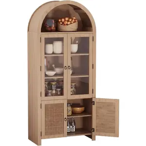 71" Tall Arched Display Cabinet, 6-Tier Modern Fluted Wood Storage Cabinet Rattan Doors & Glass, Kitchens Storage Cabinets for Dining Room & Living Room