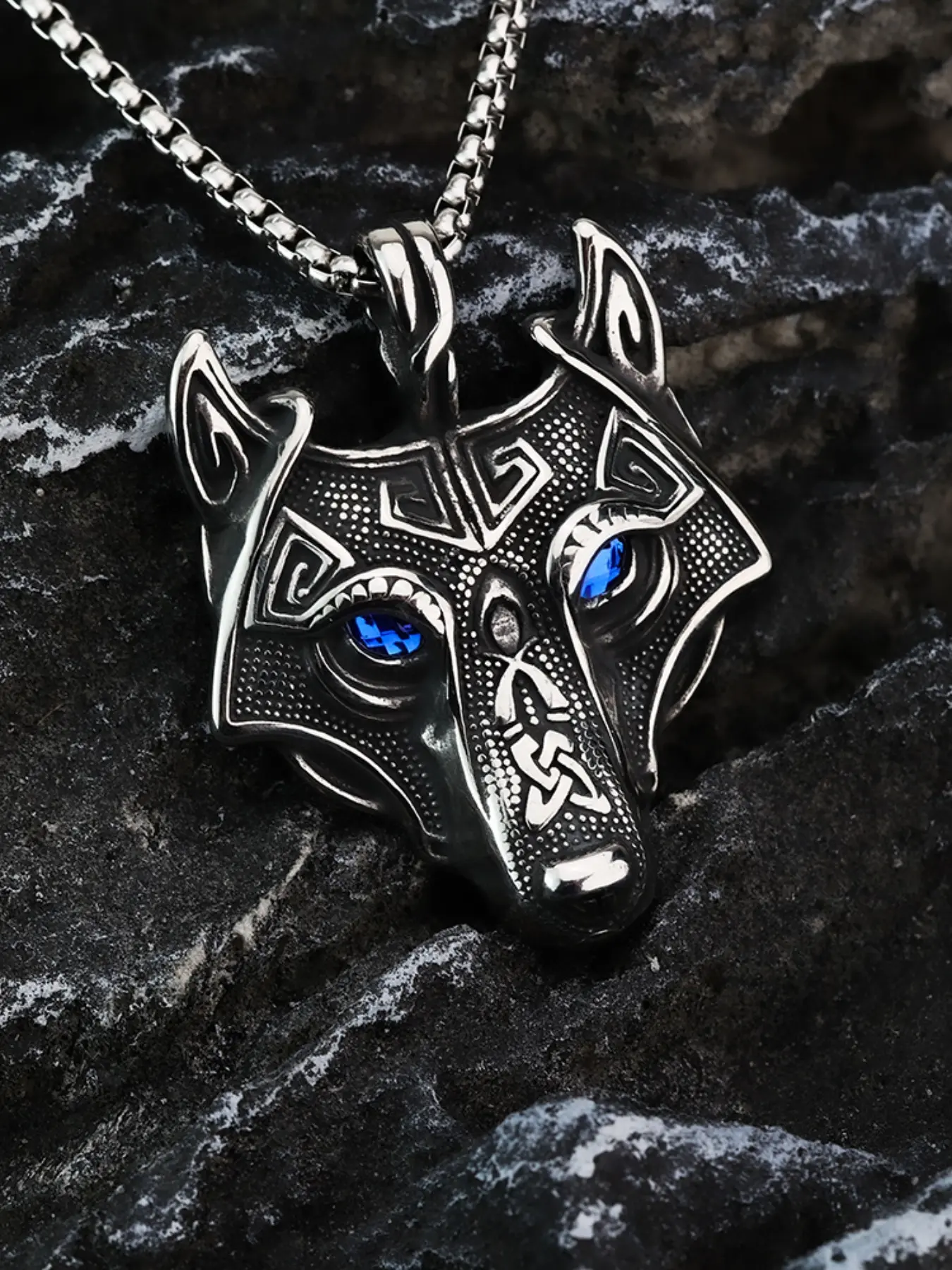 Viking Wolf Head Geometric Pendant Necklace for Men, Stainless Steel Chain, Nordic Mythology Jewelry, Unique Bold Style Punk Aesthetic Durable Fashion Accessory, Perfect Gift Idea