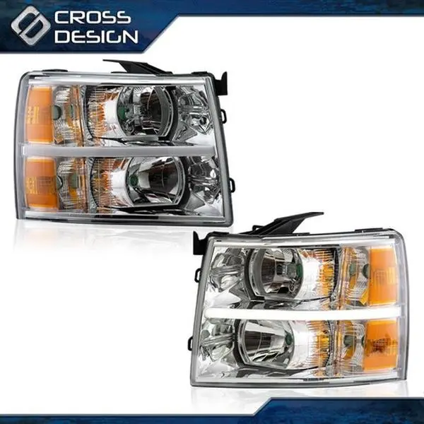 CROSSDESIGN 1 Pair Chrome/Amber LED Strip Corner Headlight Complete Set - Car Lighting, Direct Bolt-On Daytime Running Light & LED Bars Assemblies for 07-14 Chevy Silverado 2500 3500 & HD Models (Replaces Old and Worn Units)