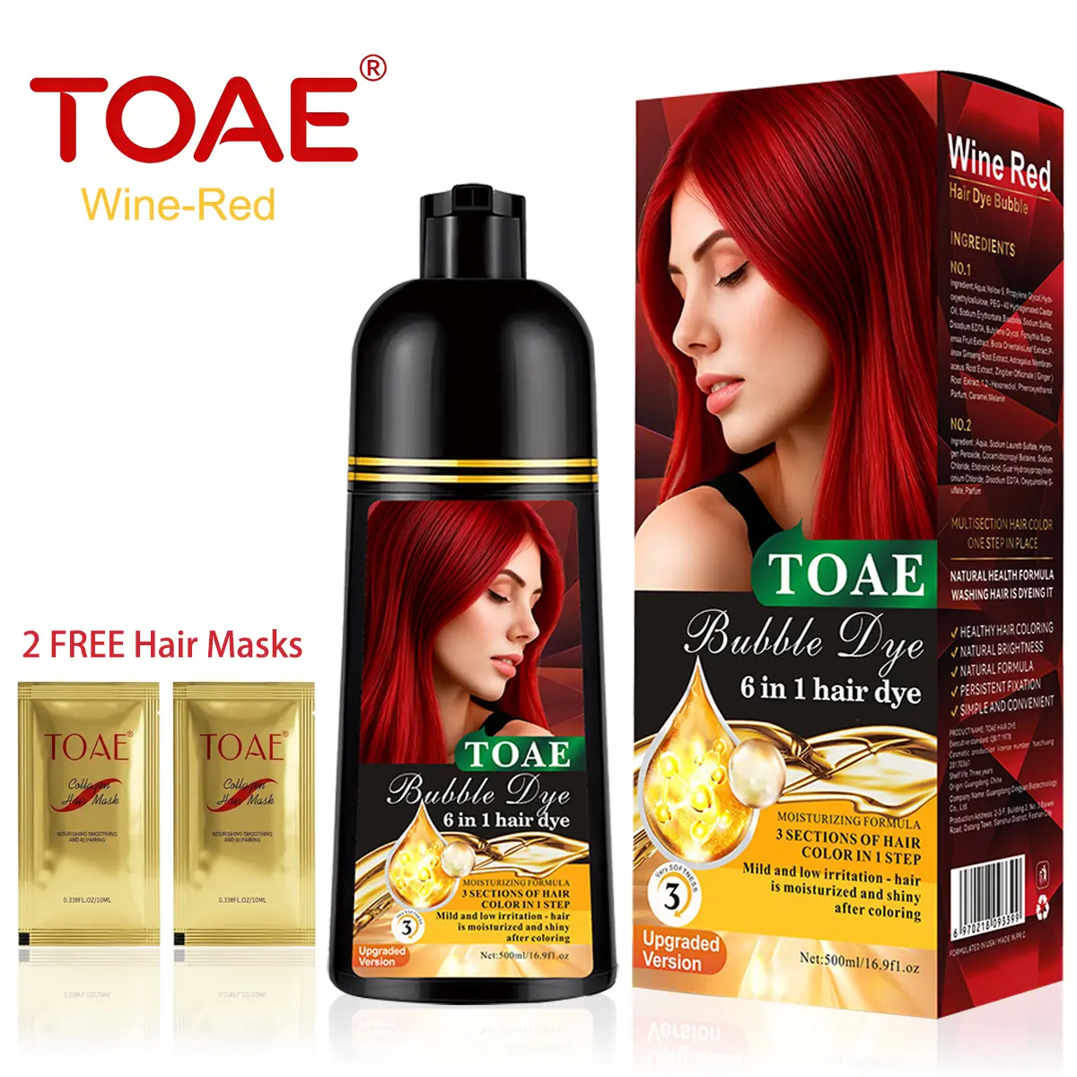 TOAE 2026 Upgraded 6-In-1 Herbal Hair Dye Shampoo, Argan Oil Haircare, Gentle Plant-Based for Adults, Gray Coverage, Long-Lasting Color (6-8 Weeks), Conditioning Scalp Nourishment, 4 Shades (Wine Red, Chestnut Brown, Golden Brown, Black), Salon, Wine Red+