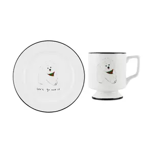 POLAATHOME Korean Mummur Bichon Frise Mug and Saucer Set - 200ml Marshmallow Design, Cute Ceramic Coffee Cup with Plate, Gift for Dog Lovers