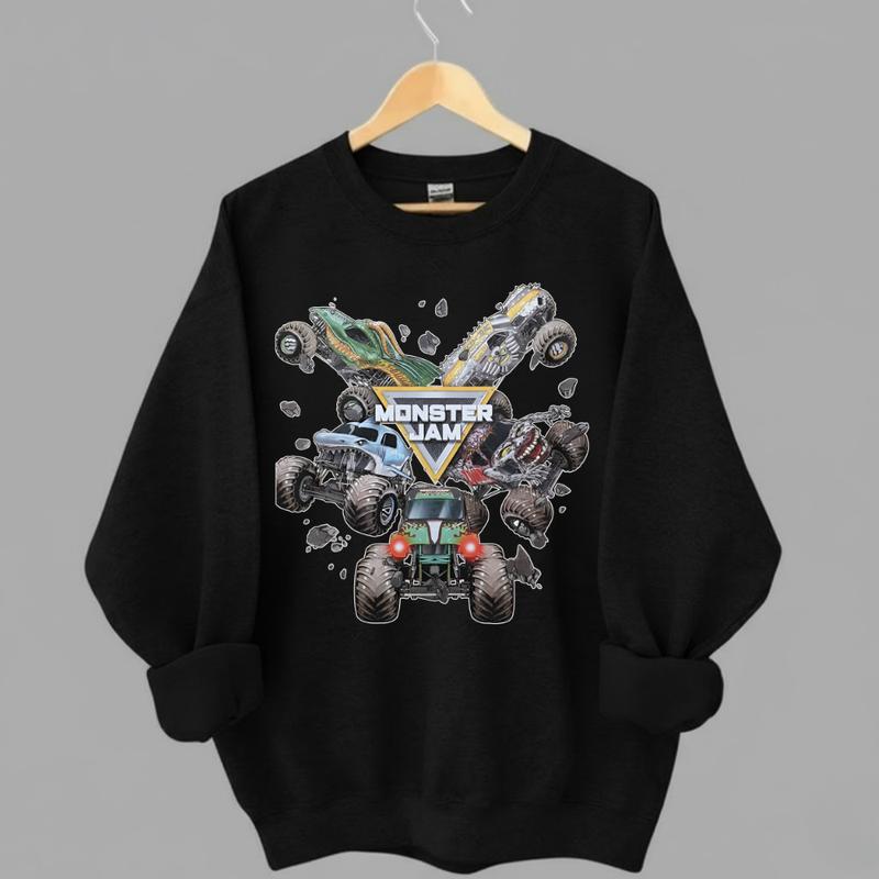 Monster Jam Graphic Sweatshirt, Monster Truck Apparel, Casual Daily Wear Sweater, Unisex Cotton, Trendy Outfits, Classic Short Sleeve, Streetwear