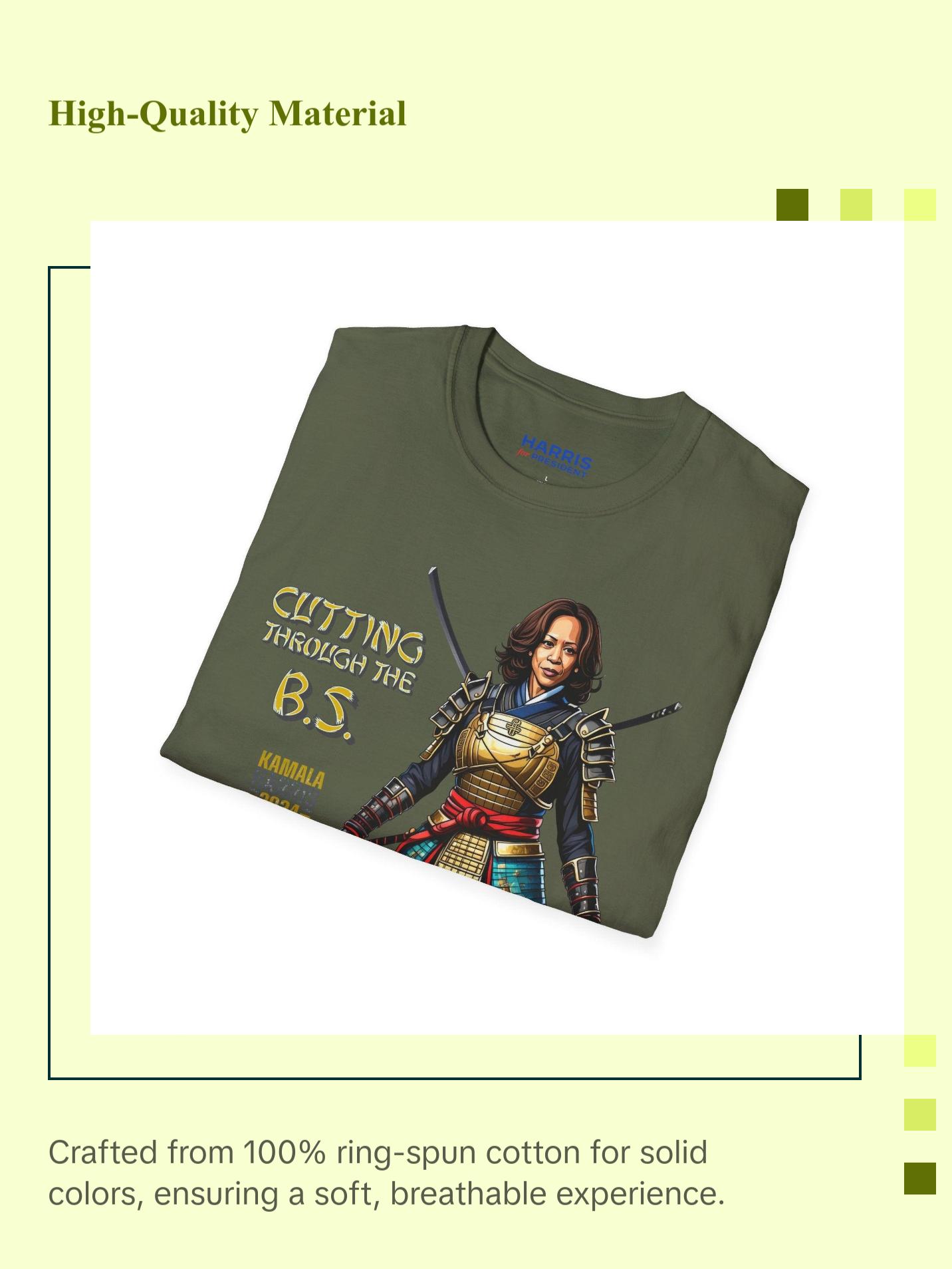 Kamala Harris "Cutting Through the B.S." Samurai T-Shirt - Bold Political Statement Tee - Available in Multiple Colors Classic Cotton Fabric Menswear Top Collar Graphic Crewneck
