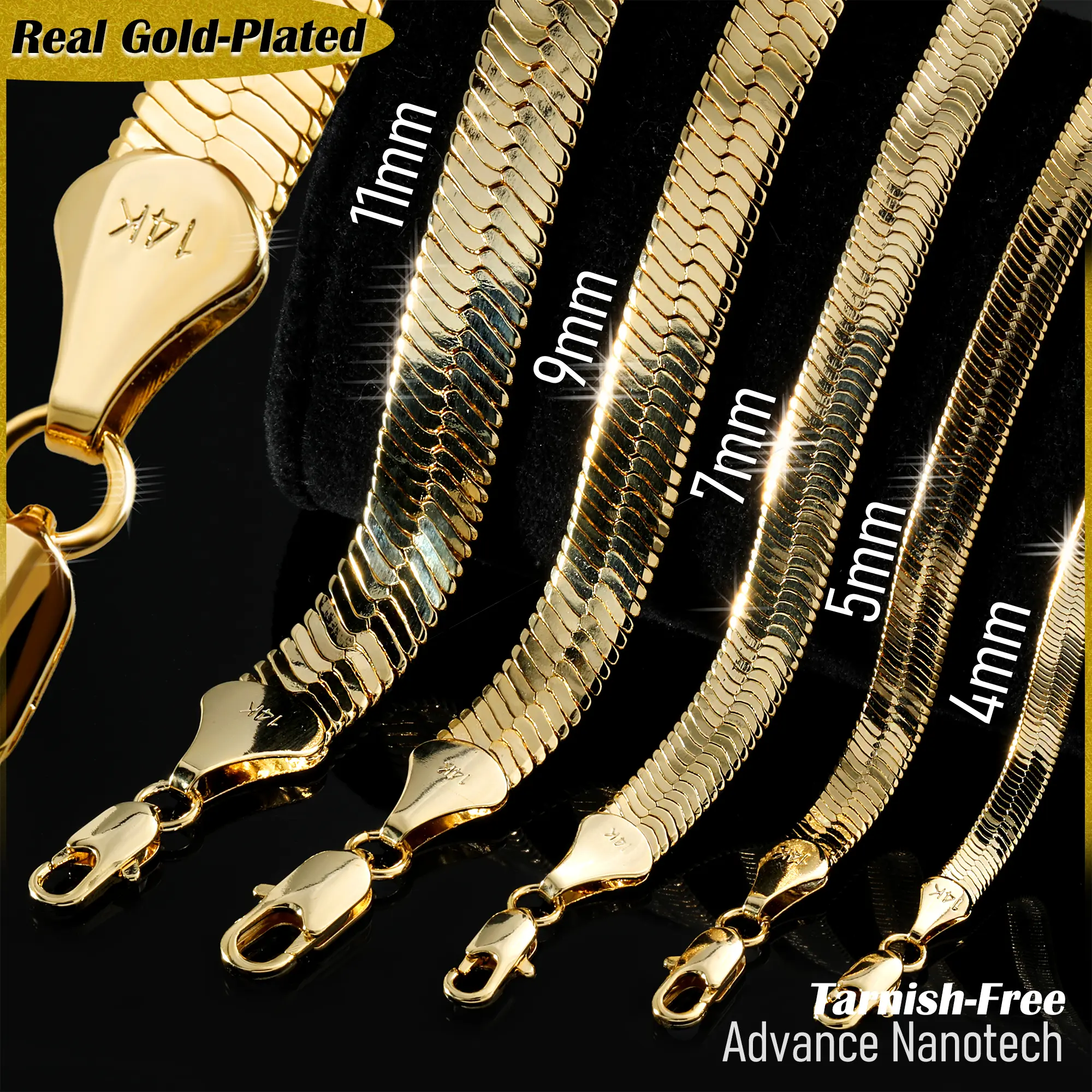 BLINGKINGSTAR - 14k Gold Necklace Stamped Hip Hop Men's Fashion Women's Style Brass Gold-Plated Herringbone Chain Necklace | 4mm, 5mm, 7mm, 9mm, 11mm Thickness, 20"In, 24"In & 30"In Length, Unisex Fashion Bling Costume Jewelry Accessory