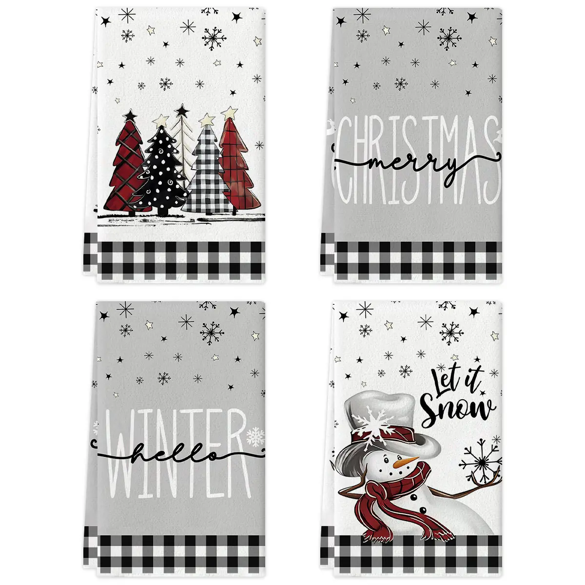 2/4pcs Christmas tea towel, black and white water buffalo checkered snowman Christmas tree kitchen towel, 15.7x23.6-inch winter decoration, Towels Set