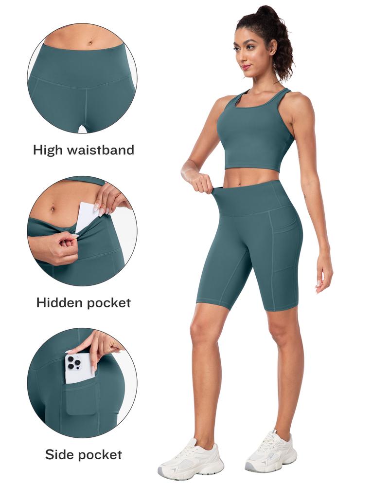 【Free 3-Day Shipping】2026 New 2-Piece Workout Set Racerback Longline Sports Bra & Mult-Pockets Biker Shorts Comfortable Breathable for Everyday Wear Fitness Running Training Sportswear Spring Autumn - Sporty Casual Seamless