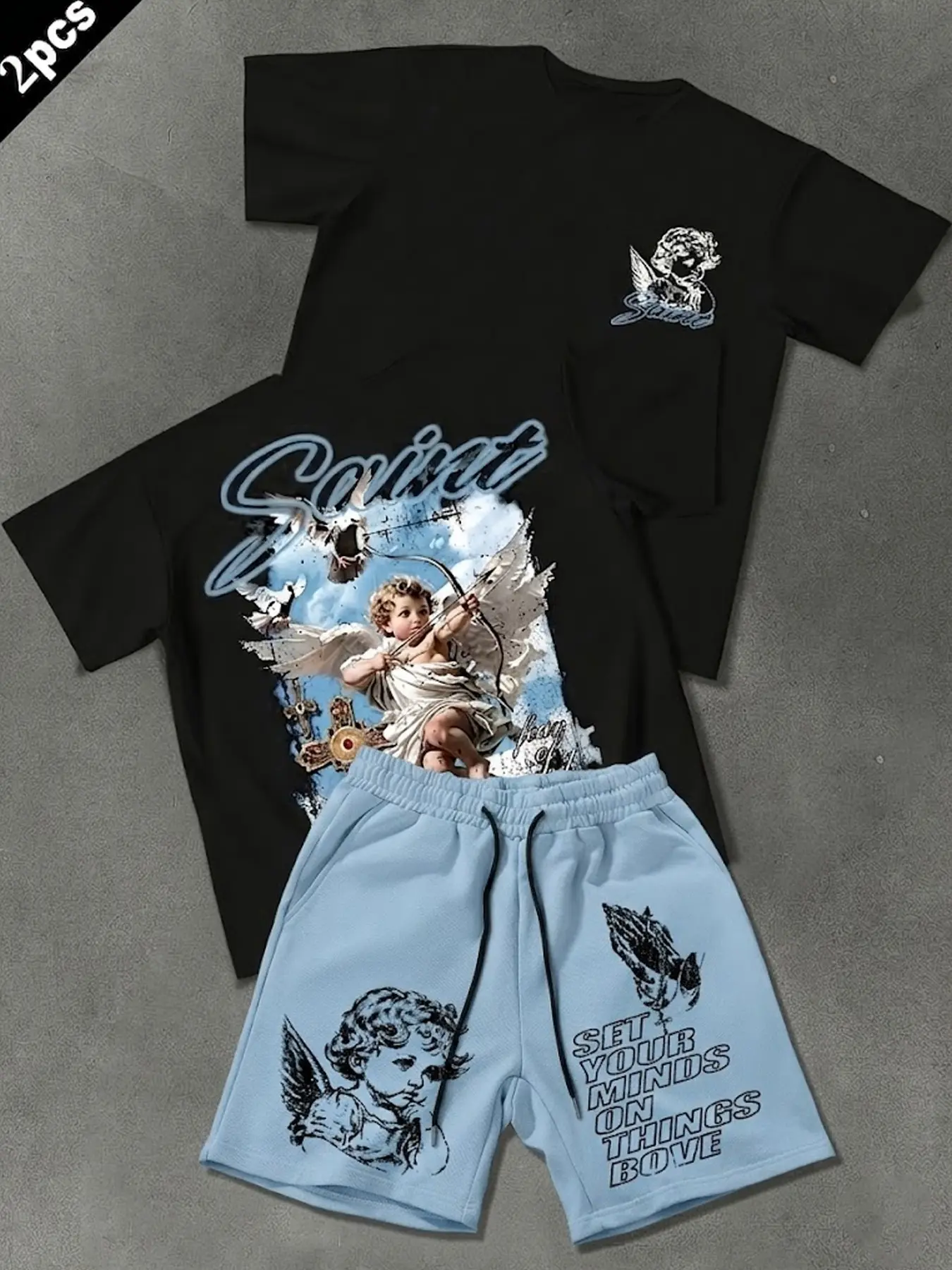 Y2K Aesthetic Angel Print Crewneck Round Neck T-Shirt & Shorts 2-Pack Matching Outfits Set, Casual Style Set, Loose Fit Casual Matching Sets, All-Day Comfort, Breathable Fabric, Versatile Streetwear Outfit for Men, Daily Wear, Street, and Gym
