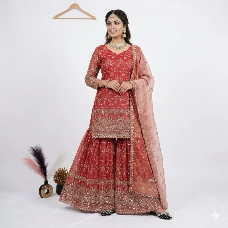 Women's Fully Embroidered Gharara Suit Salwar - Traditional Pakistani Ethnic Wear, Elegant Lady Clothes, Casual Womenswear Dress with 4 Color Options for Weddings, Parties