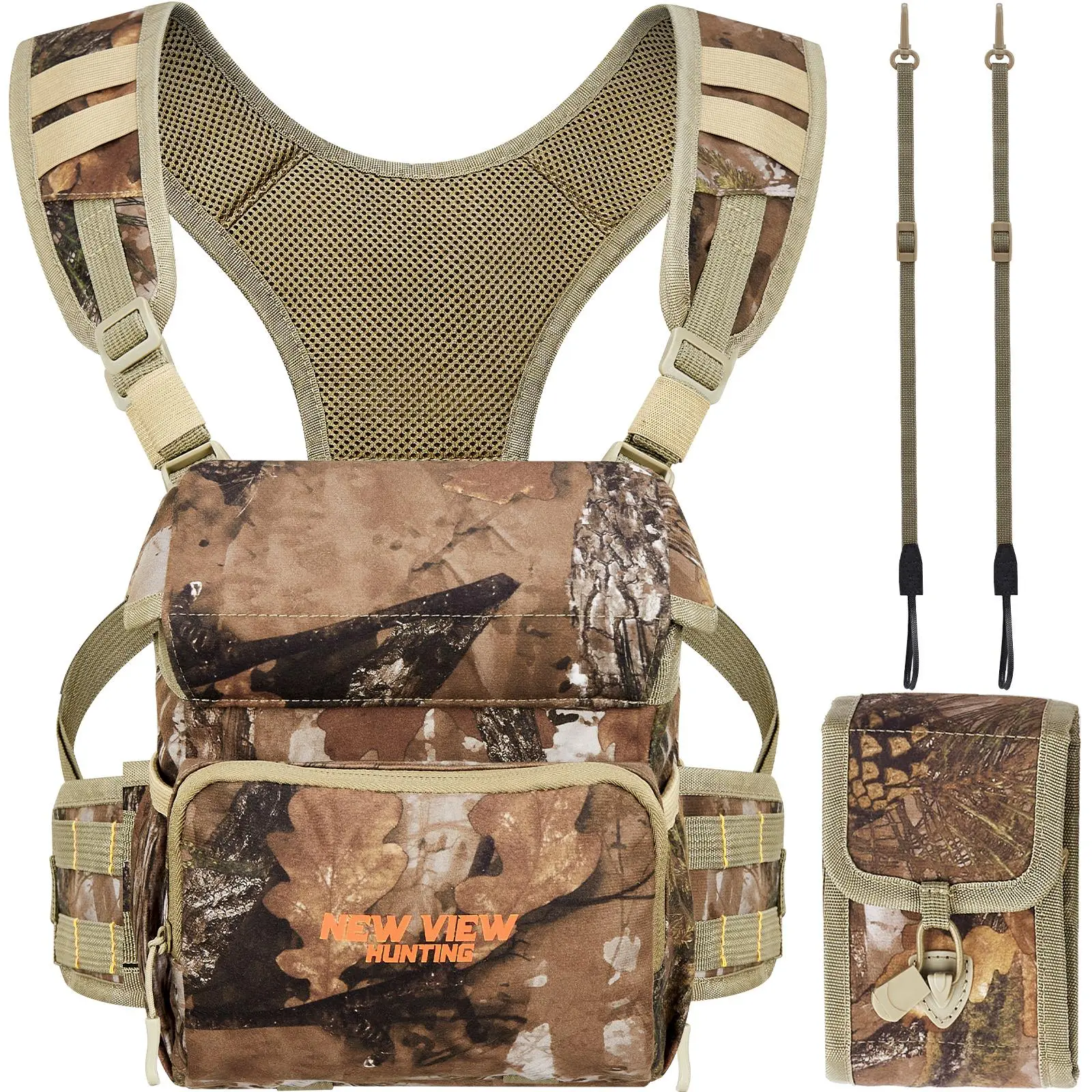 NEW VIEW Camo Pattern Binocular Harness Pack for Hunting Enthusiasts - Adjustable Strap, Breathable, Noise-Free Chest Bag with Rangefinder Pouch, Magnetic Closure, Rain Cover, 1-Hand Access, Weather Resistant