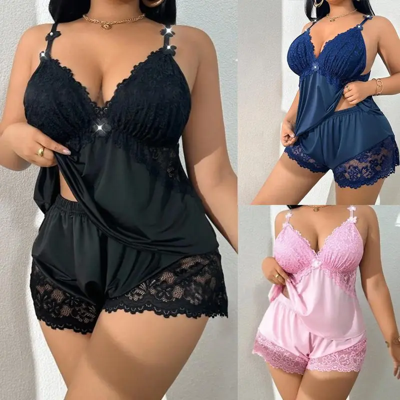 AVTKV Women's 3-Pack Lace Trim Plus Size Cami Set - Cozy Soft Adjustable Strap Cami Top & Shorts, Breathable Nightwear, Machine Washable All-Season Sleepwear Loungewear for Valentine's Day, Basic Black Minimalist Fit