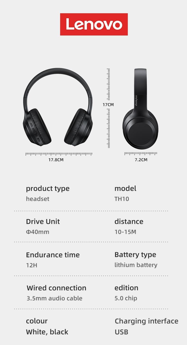 Lenovo TH10 Over-Ear Wireless Headphones with Bluetooth 5.0, Zero-Delay 3D Hi-Fi Stereo Sound, Telescopic Foldable Design for Comfortable Wear, Sweat-Resistant Sports Headset for Music & Calls