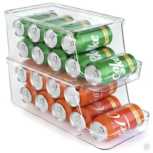 Soda Can Dispenser for Refrigerator with Lids, Stackable Drink Organizer for Fridge, Clear Plastic Refrigerator Organizer Bins, Beverage Can Holders for Pantry, Freezer, Kitchen, Cabinets Set of 2/1