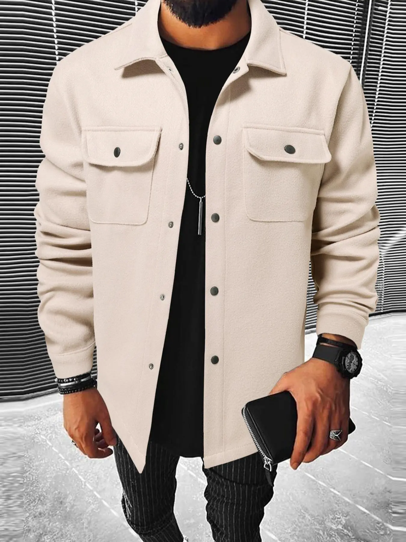 Men's Plain Long Sleeve Jacket, Coats, Regular Fit Casual Classic Button Front Flap Pocket Collared Outerwear for Fall & Winter, Going Out Outfit