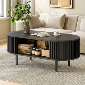 ONBRILL Fluted Oval Coffee Table, 43” Mid Century Modern Coffee Table with Storage, Wood Living Room Tables with Sliding Door, Center Tables for Living Room Apartment Small Space