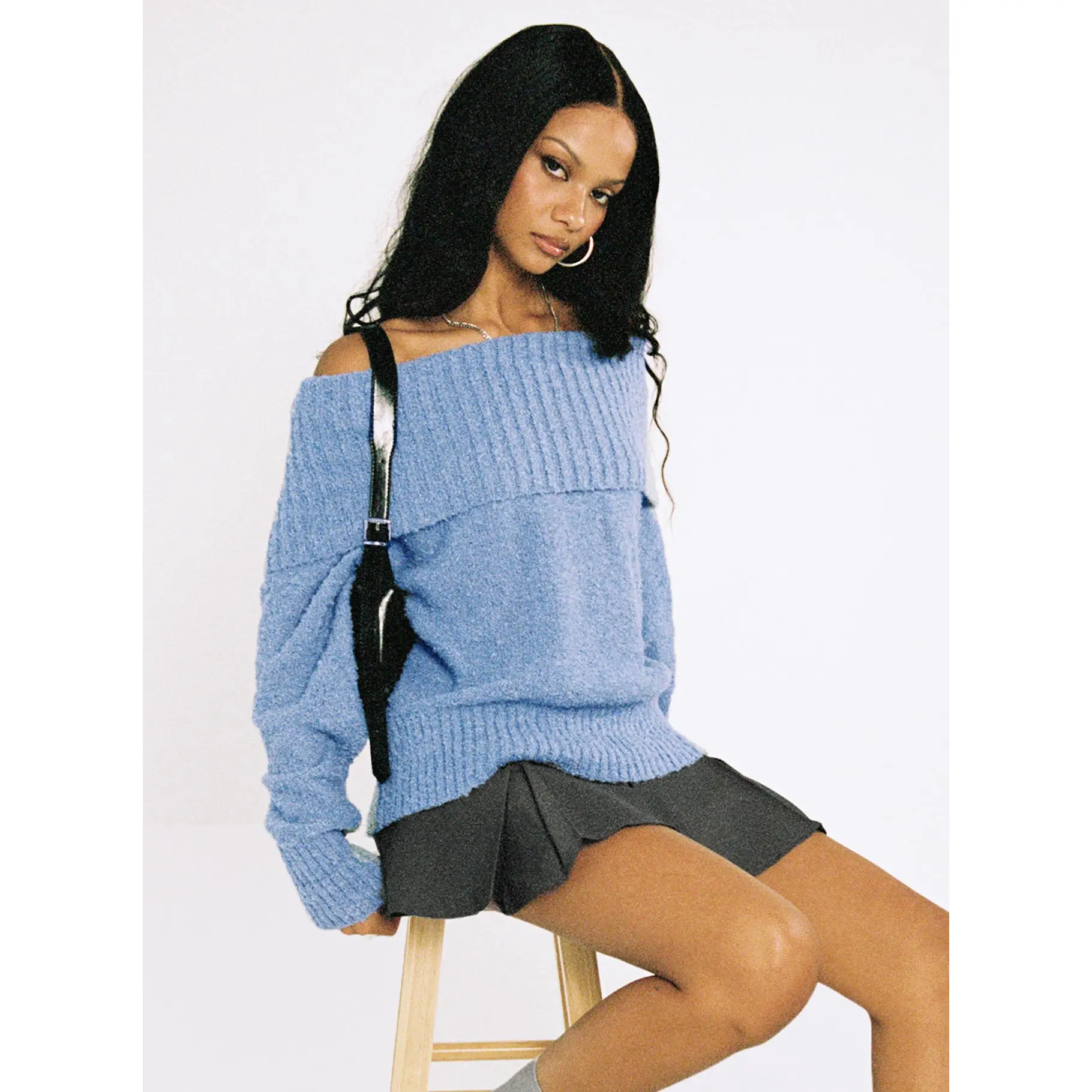 Parkley Boucle Off The Shoulder Sweater Blue