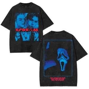 Retro Limited Scream T-Shirt, Vintage 1996 Horror Movie Ghostface Unisex Acid Washed Tee, Classic Slasher Film Graphic Cotton Oversized Shirt, Men Gifts Fabric Menswear.