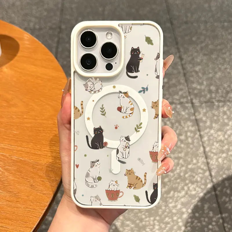 Aesthetic Cute Cat Pattern Magnetic Silicone TPU Protective Cellphone Case - Shockproof, Lightweight, Scratch-Resistant Accessory for iPhone Series Models (17,16 E Pro Max,15 Plus,14,13,12,11 Pro Max Plus)
