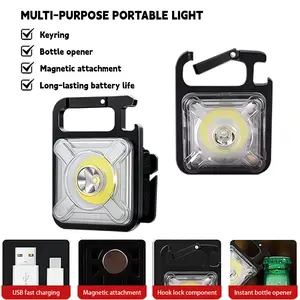 Mini Portable Pocket Keychain Flashlight – USB Rechargeable 2-in-1 Multi-Color COB Work Light & Headlamp with Bottle Opener, for Camping, Fishing & Outdoor Use