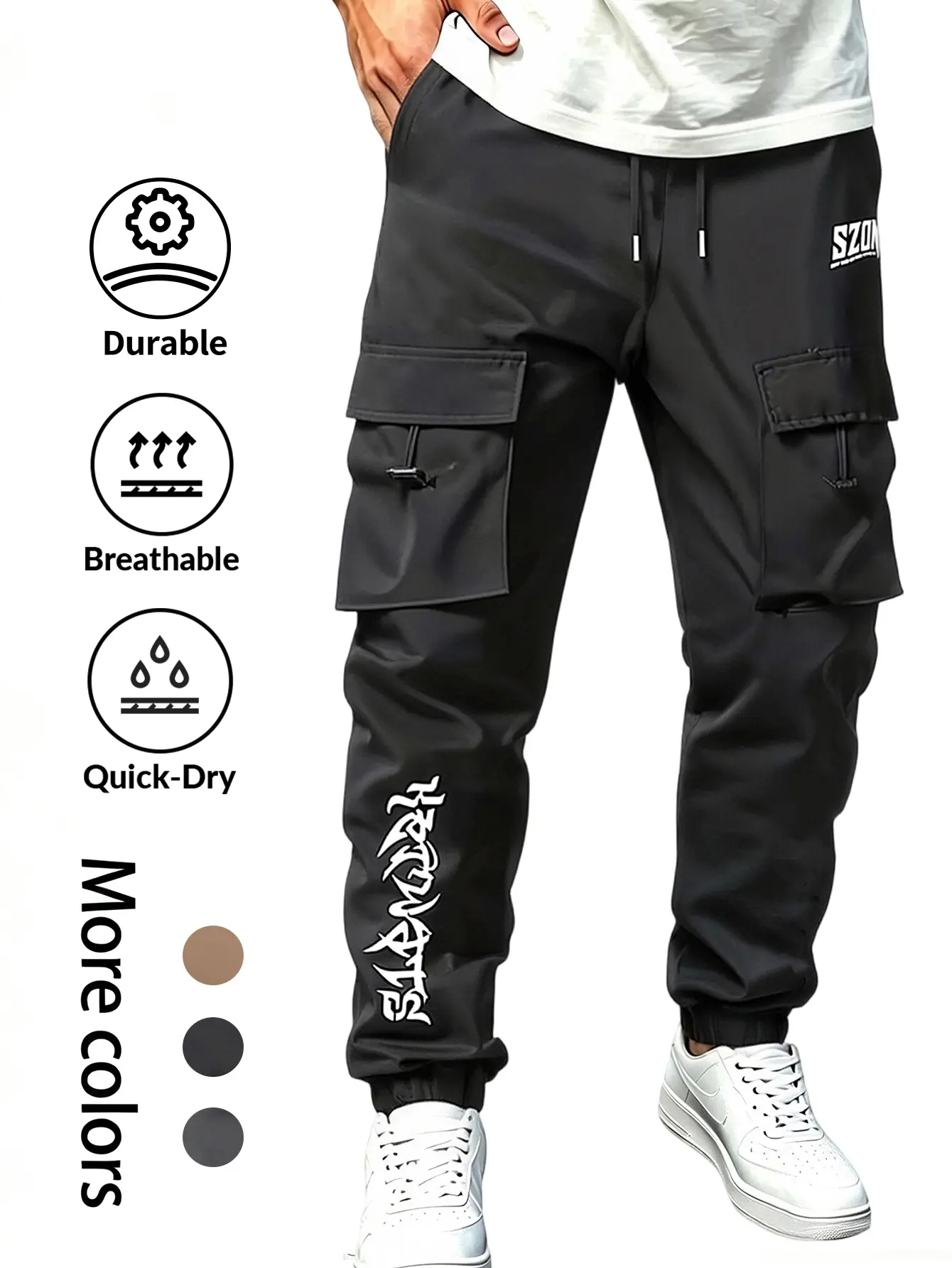 Men’s Graffiti Streetwear Cargo Joggers | Quick-Dry Techwear tapered pants with oversized utility pockets; graffiti print cargo joggers—streetwear, quick-dry, breathable, durable tapered techwear casual utility pants Menswear