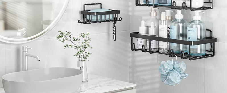 Caddy Shower Storage 5-Piece Set Self-Adhesive Stainless Steel Shelf No Drilling Required Rust-Resistant Bathroom Decor Accessories Pink Shampoo Body Wash Basket Showerhead Holder Installation Minimalist Hollow