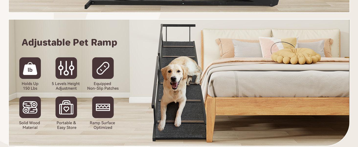 Dog Ramp for Bed, Folding Portable Wooden Dog & Cat Ramps for Couch or Bed, Including Non Slip Mat & Safety Side Rails, 64.2 Inch Long and Height Adjustable from 13.4 Inch to 38 Inch Up to 110 Lbs PA923