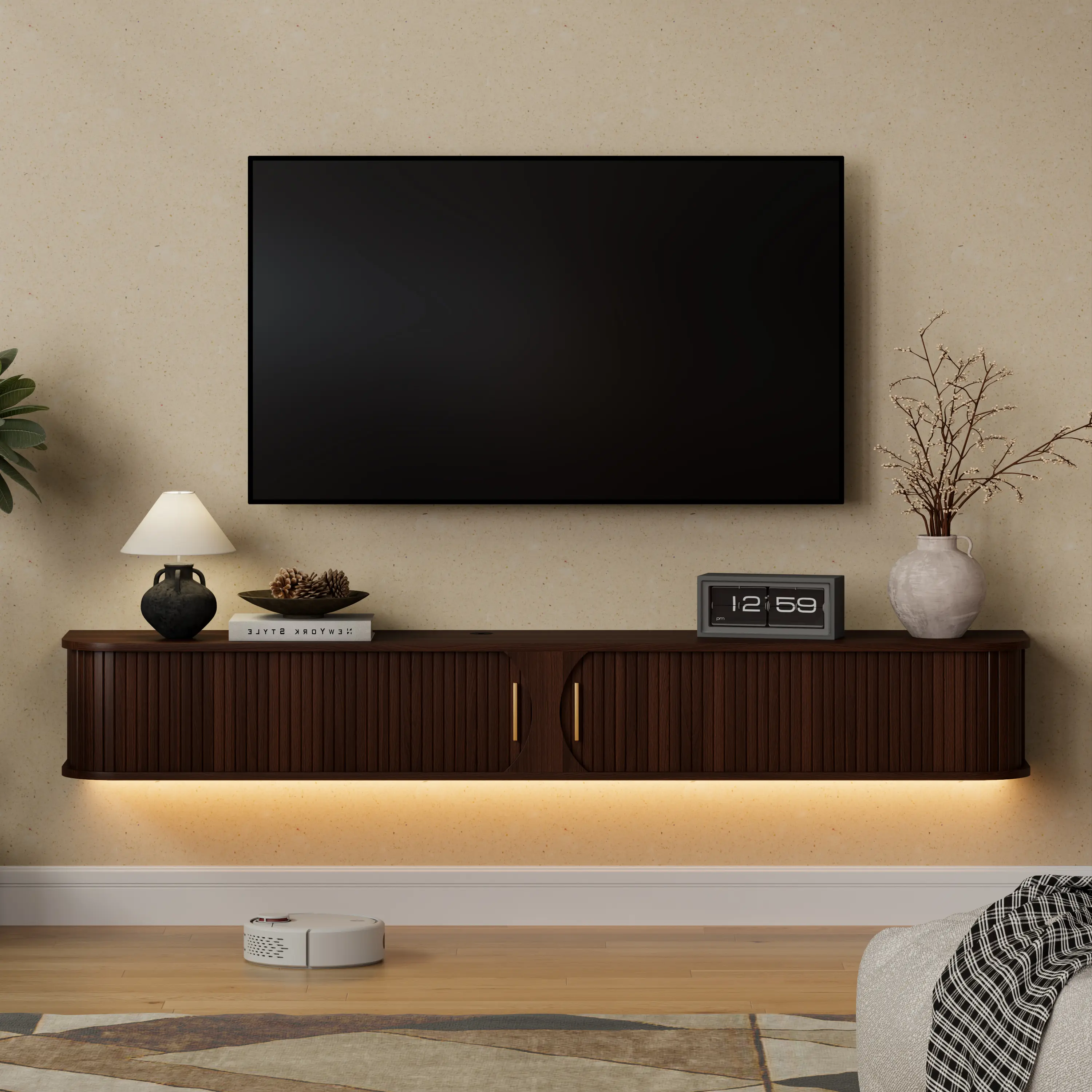 【Floating TV Stand】63/70/94 Inch Wall-Mounted Media Console for TVs Up to 70, 80 or 100 Inch, with Power Outlet, App-Controlled RGB LED Lights and Fluted Sliding Doors campingessentials, Tv Console Table, Tv Cabinets For Living Room