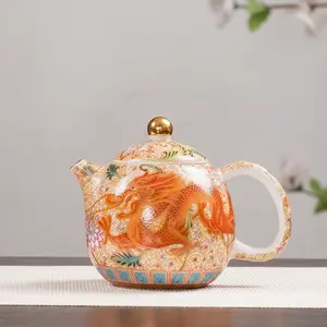 Enamel-Decorated Teapot Ceramic Dragon-Decorated Teapot Small-Sized Household Premium Tea Brewing Set Teacup Set