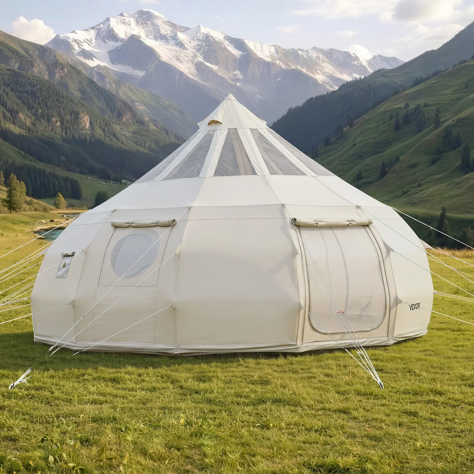 VEVOR 16.4ft Bell Tent, 4-Season Poly-Cotton Canvas Yurt for 12 People with Stove Jack & Stargazing Roof, Warm, Windproof, Water Resistant & Flame-Retardant, Group Camping, Bell Shape, Large Size