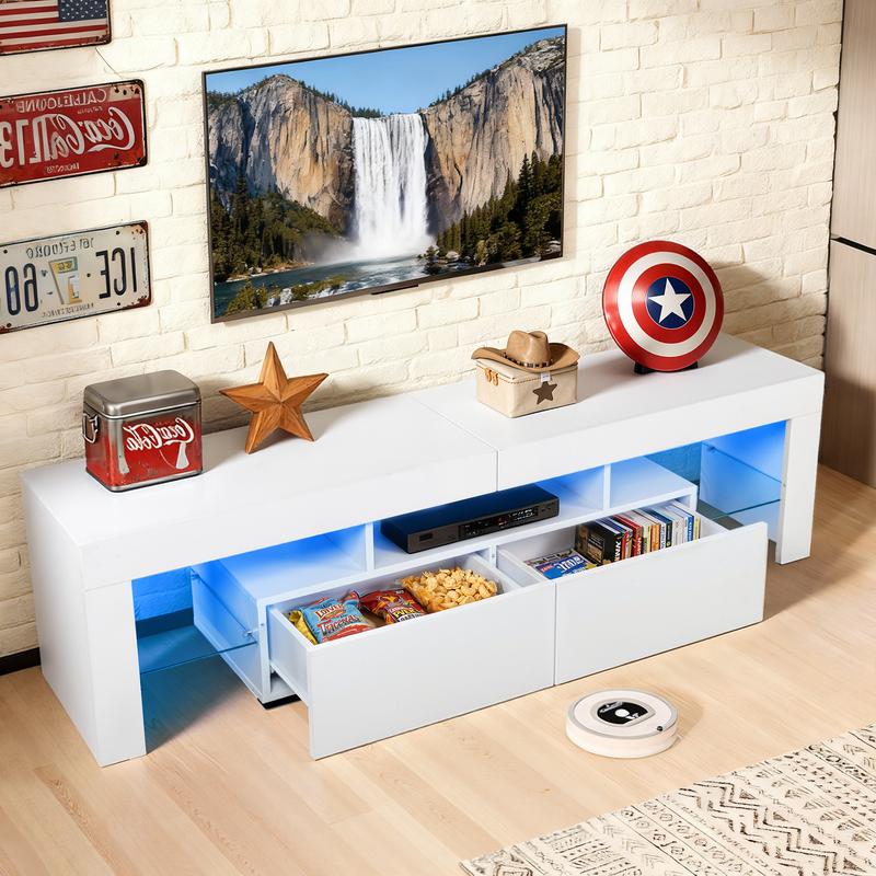 63'' LED TV Stand High Glossy Modern Entertainment Center with LED Lights and Storage for 55/60/65/70 Inch TV White Finish 63'' LED TV Stand High Glossy Modern Entertainment Center with LED Lights and Storage for 55/60/65/70 Inch TV White Finish