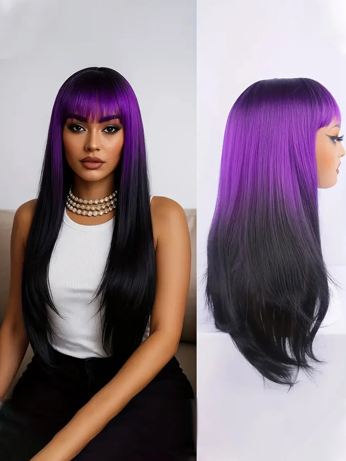 24 Inch Layered Straight Gradient With Bangs Bangs Wig, Synthetic Wigs, High Temperature Fiber, Synthetic Hair, Basic Style, Suitable for Daily Wear, Cosplay, Festivals, Halloween, Christmas