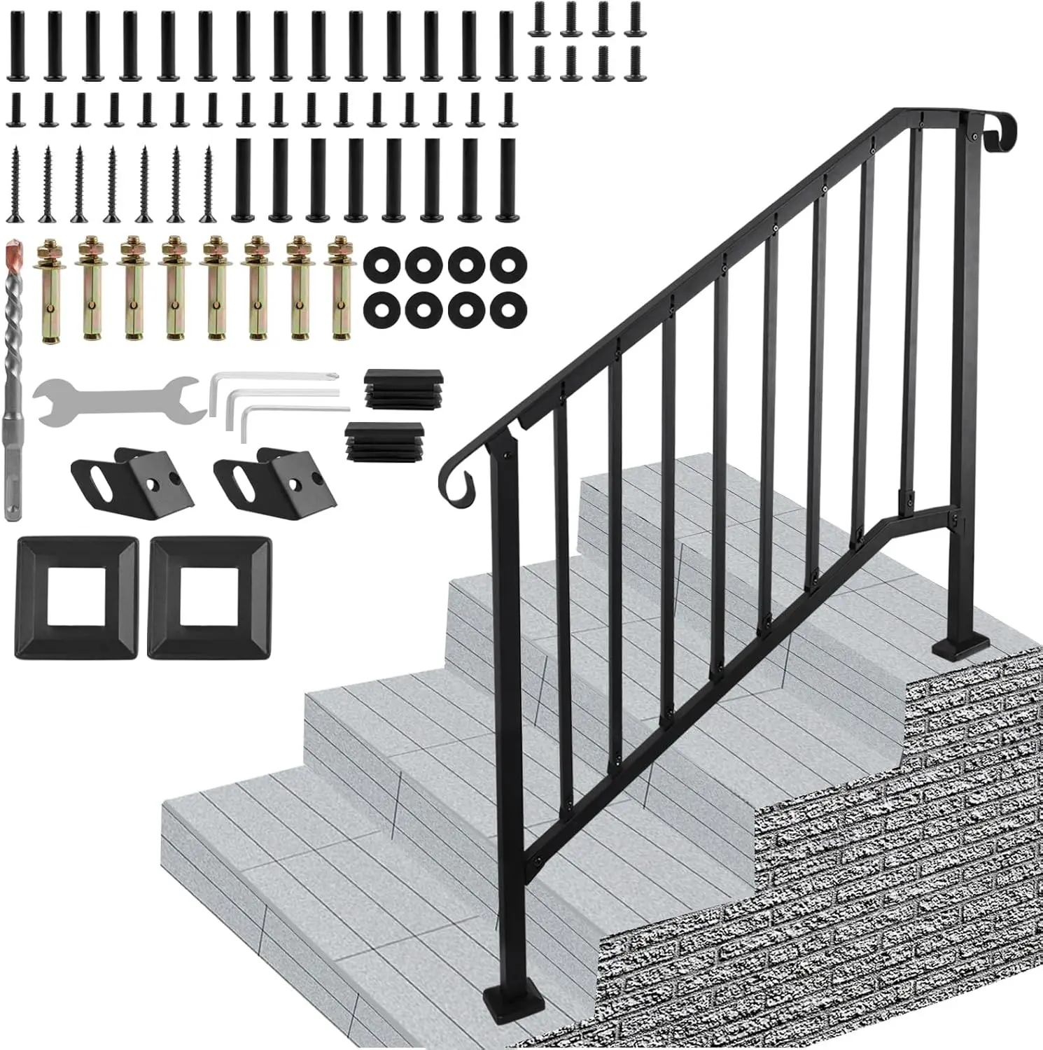 Handrails for Outdoor Steps, 3-4 Step Stair Hand Rail Kit, Transitional Iron Railings with Installation Kit, Stair Rails for Seniors, Concrete Steps & Porch & Deck, Black Retro Arch
