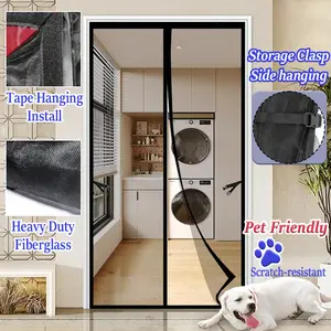 A Black Magnetic Fiberglass Door Curtain with Storage Clasp, Automatic Closing Mesh Screen Door, No Drilling, Tape Hanging Install, Heavy-Density Summer Mosquito Net Curtain