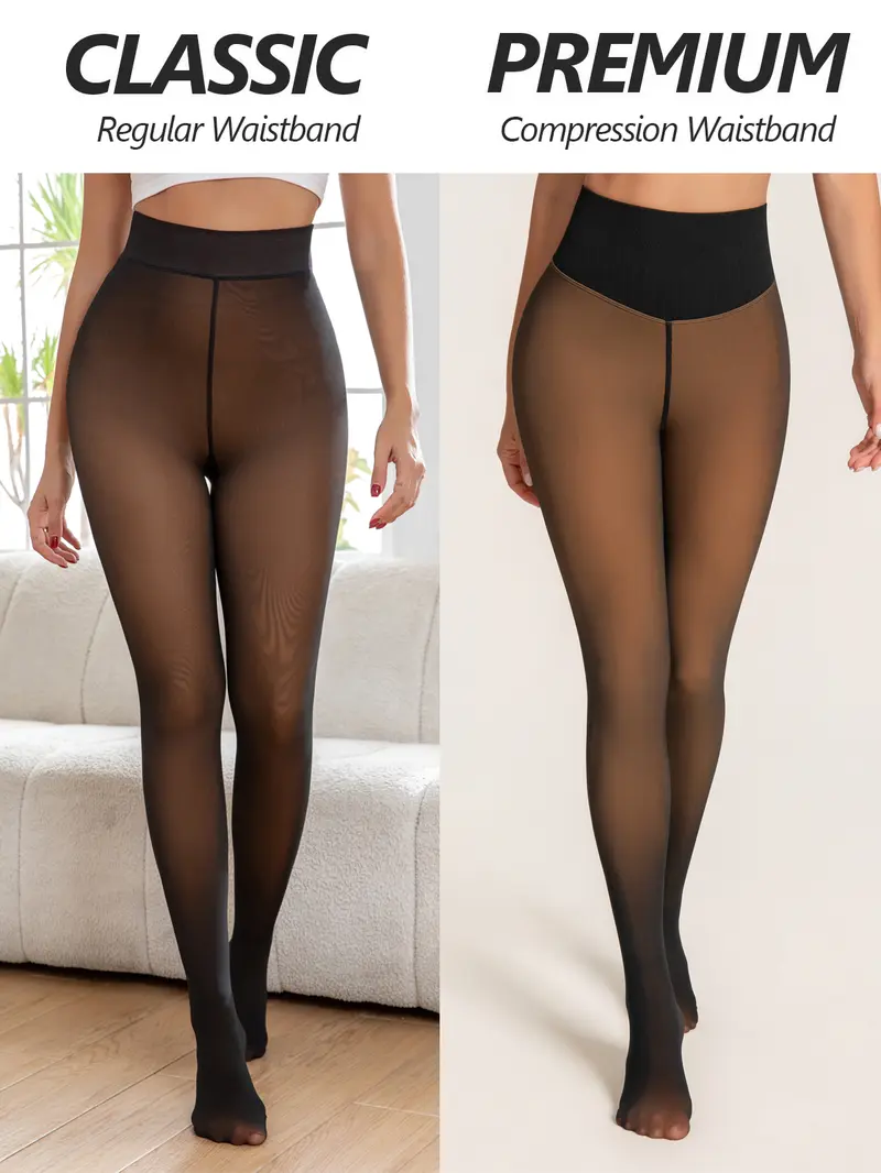 OUFALI One-Seam & 4 Shades Fleece Lined Tights Women Sheer Black Fleece Pantyhose Winter Warm Thermal Fake Translucent Leggings Closed Foot
