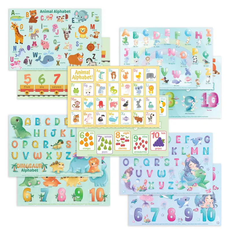 40-Mat Pack Colorful BPA-Free Disposable Non-Skid Rectangle Placemats & Coasters, Animals Set 01 - Placemats with Alphabet/Numbers, Dinosaur, Mermaid Designs, for Toddlers, Restaurant & Travel Learning Tableware