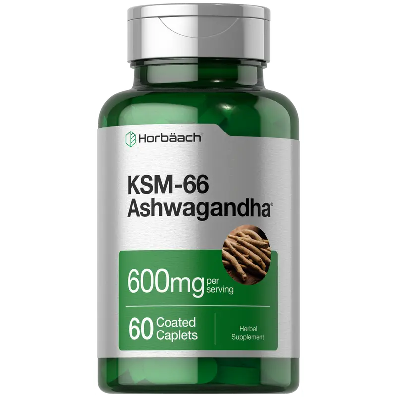 Horbäach KSM-66 Ashwagandha 600mg | With L-Theanine | 60 Coated Caplets | Vegan, Non-GMO, Gluten Free Complex Supplement